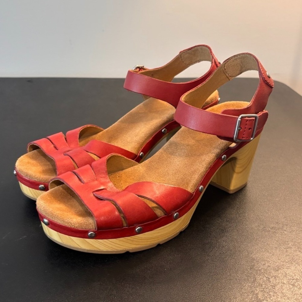 Red Leather Platform Sandals with Wood-Effect Heel